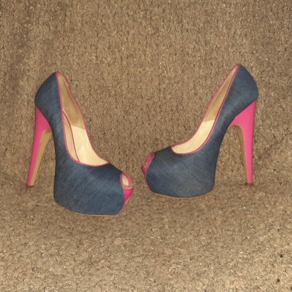 TACCETTI-Denim & Pink Patent-Peep Toe-Stiletto/Slim-Platform-Sz 37.5-Excellent - Picture 1 of 8